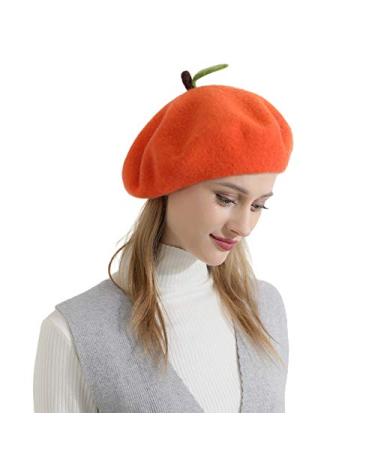 Zasy Wool Beret hat Handmade Wool Felt Cartoons Beanies French Women Girls Cap Orange