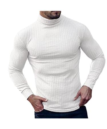 TURETRENDY Men's Stretch Muscle Tshirts Turtleneck Long Sleeve Knit Tees Casual Slim Fit Basic Shirt Tops Small White