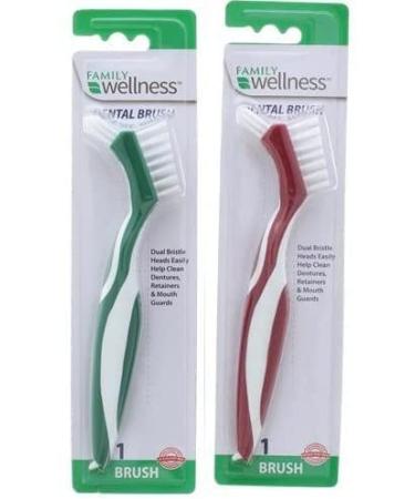 2-Pack Family Wellness Denture Cleaning Brush Dual Bristle Heads with Deep Clean Pick Assorted Colors