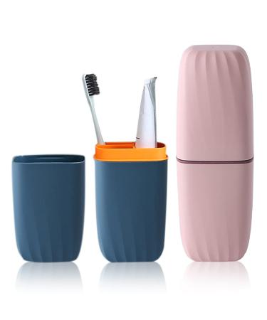 2PCS Travel Toothbrush Case Portable Multifunctional Wash Cup 2 Colors Hard Plastic Toothbrush Toothpaste Cup Holder Organizer for Trips Camping Bathroom School Travel Outdoor (Blue and Pink)