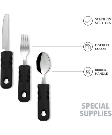 Easy Grip Weighted Cutlery Set for Elderly and Disabled - Black 3PCS Straight - Ideal Dining Aid for Arthritis, Parkinson's, and Tremors - Buy Online on GoSupps.com