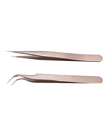 ESDELES 2 Pcs Tweezers Stainless Steel Kit Straight Pointer Curved Pointed Tip Tweezers Pro Precision Tweezers set for Eyelash Extensions Electronics Nail Sticker DIY with Recloseable Tube (Gold)