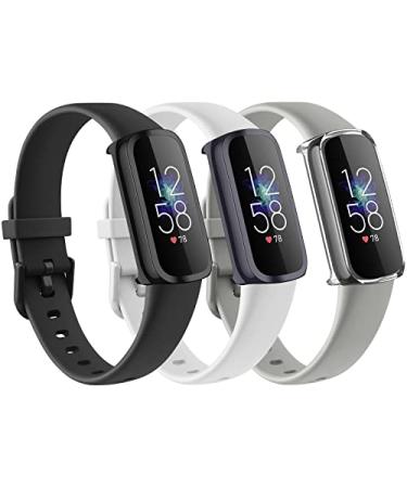 3 Pack Bands for Fitbit Luxe Bands with Screen Protector Case Soft Silicone Sport Replacement Wristbands Strap for Fitbit Luxe Women Large Black+White+Gray