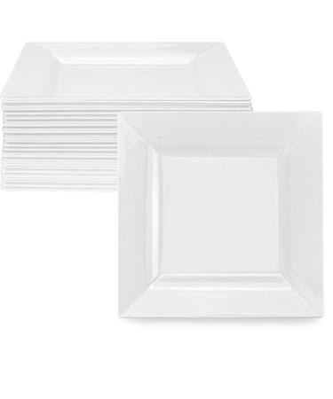 M Honor 50 Piece White Square Plastic Reusable Plates for Weddings Parties and Dinners | 7.25 Inch Square