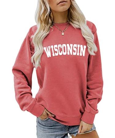 Women's Wisconsin Pullover Sweatshirt Wisconsin Shirt Vintage Crew Neck Sweatshirt Long Sleeve Hockey Shirt Tops Red With White Print- XX-Large