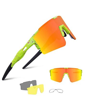 BangLong Cycling Sunglasses Polarized Sports Glasses for Men Women with 3 Interchangeable Lenses for Running Baseball Glasses Yellow Orange