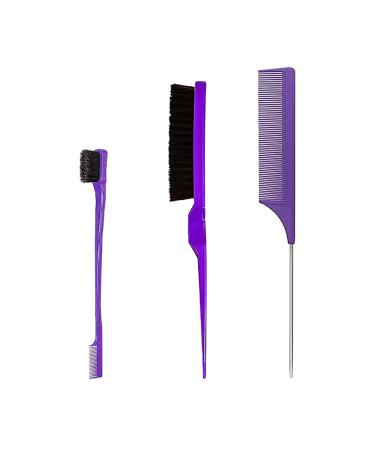 Hair Styling Comb Set 3 Pieces Hair Brush Teasing Comb Double Sided Hair Edge Brush Rat Tail Comb Plastic Bristle Hair Brush for Hair Slicking Purple - Buy Online on GoSupps.com
