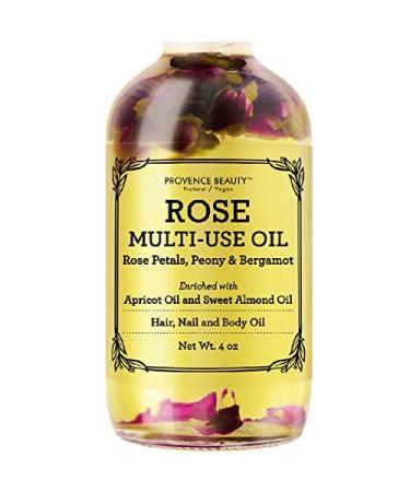 Rose Multi-Use Oil for Face, Body and Hair - Organic Blend of Apricot, Vitamin E and Sweet Almond Oil Moisturizer for Dry Skin, Scalp & Nails - Rose Petals & Bergamot Essential Oil - 4 Fl Oz