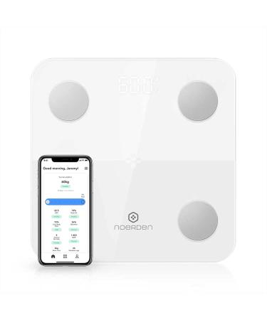 NOERDEN - Smart Body Scale Minimi - Scale for Body Weight with Step-On Technology, Bluetooth, LED Display, Tempered Glass, BIA Advanced Technology, 4 Precision Sensors - 9 Biometrics Analysis - White