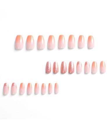 Orange Ombre Press On Nails - Short Medium Coffin Fake Nails with Glitter | 24Pcs Acrylic Ballerina False Nails for Women & Girls - Perfect for Weddings - Buy Online on GoSupps.com