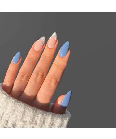 24Pcs/Set Press On Nails Blue Flower Light Luxury Mid Length False Nails Acrylic Fake Nails Full Cover Nails Tips Artificial Finger Manicure Press on nails for Women and Girls