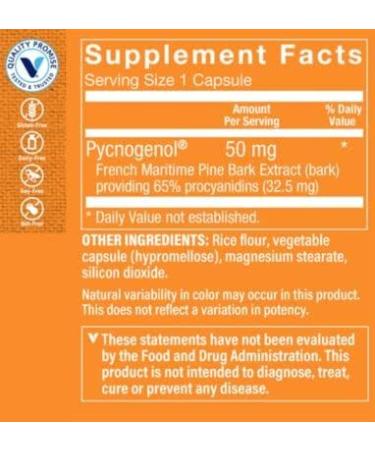 Pycnogenol 50mg Antioxidant Capsules for Cardiovascular & Skin Health - 90 French Maritime Pine Bark Extract Capsules - Buy Online on GoSupps.com