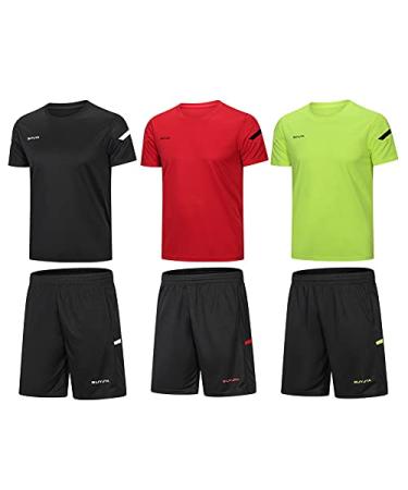 BUYJYA Men's Workout Clothes Athletic Shorts Shirt Set 3 Pack for Basketball Football Exercise Training Running Gym Black/Red/Green Medium