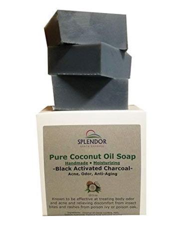 Splendor Black Activated Charcoal Soap Bars Unscented  100% Natural Coconut Oil - Acne  Odor  Handmade  Vegan  Moisturizing for Sensitive Skin Hand Body and Face