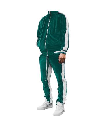 KISSQIQI Men's 2 Pieces Full Zip Tracksuits Golden Velvet Sport Suits Casual Outfits Jacket & Pants Fitness Tracksuit Set Green Large