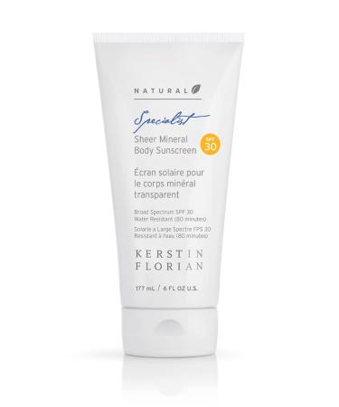 Kerstin Florian Sheer Mineral Body Sunscreen SPF 30  Waterproof UVA/UVB Sun Protection with Natural Zinc Oxide  Reef Safe Fragrance-Free Formula for Sensitive Skin to Moisturize & Protect  6 fl oz