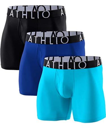 ATHLIO 3 Pack Men's Relaxed Stretch 6 inches Open-Fly Cool Dry Brief Mesh Underwear Trunk Fly 6inch 3pack Black/ Blue/ Sky X-Large