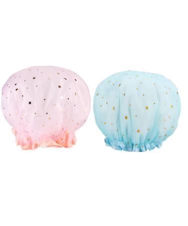 LFRNZS 2PCS Kids Shower Caps  Waterproof  Reusable Shower  Soft Comfortable PEVA Bath Cap for Girls  Double Layered Shower Cap Medium (Pin+blue)