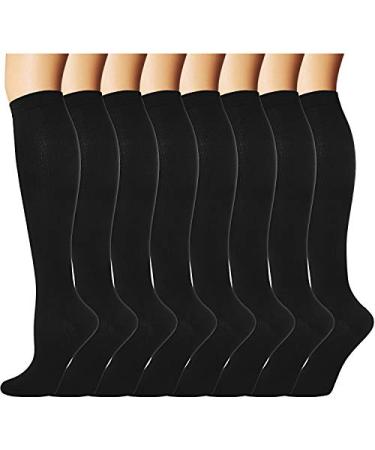 Double Couple 8 Pairs Compression Socks Men Women 20-30 mmHg Knee High Medical Compression Stockings for Nurses Pregnancy Large-X-Large Black