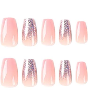 Pink Glitter Short Coffin False Nails - 24pcs Press on Nails with Sequins - Removable Glue-on Full Cover Fake Nails for Women and Girls | Nail Art Accessories 0268Y67 - Buy Online on GoSupps.com