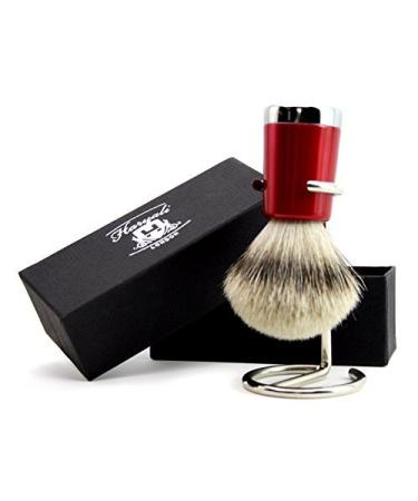 Men's badger hair shaving brush with silver tip and shiny red base and stainless steel brush stand.