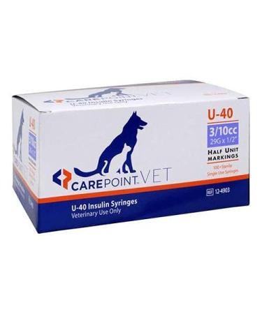 CarePoint VET U-40 Pet Insulin Syringe 3/10cc, 29G x 1/2", 100/Box 12-4903