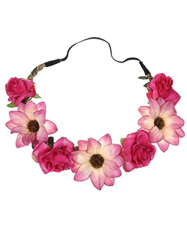 Women Girl Sunflower Rose Flower Crown Wedding Festival Headband Hairband Hair Garland(Rose red)