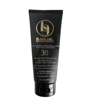 BGS Black Girl Sunscreen SPF 30. Ultra Sheer Moisturizing Sunscreen Lotion. With avocado  cacao  jojoba  carrot juice and sun flower oil. Oxybenzone  Paraben and Fragrance Free. 3 Fl Oz. (1 Pack)