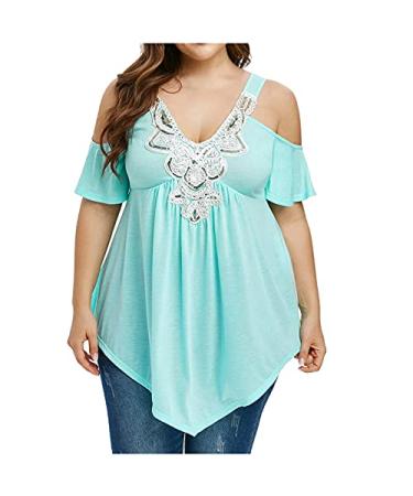 Women's Plus Size Tops Sexy Lace V Neck T-Shirt Summer Short Sleeve Asymmetric Hem Cold Shoulder Tunic Blouse Blue XX-Large