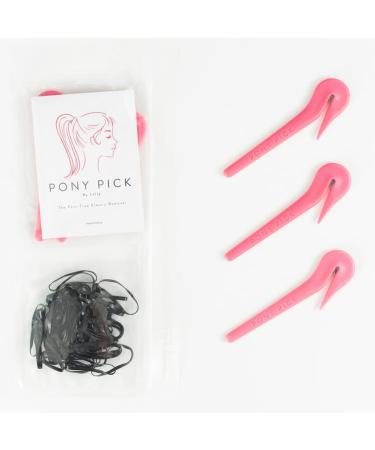 THE PONY PICK By Lolly - Elastic Rubber Bands Cutter for Hair - Elastic Hair Band Remover - Pain Free - Easy Removal - 3 Pack of Pink Pony Picks & 50 Black Hair Elastics Easy Grip Tools & Accessories