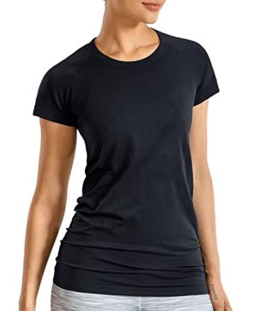 CRZ YOGA Seamless Workout Shirts for Women Short Sleeve Sports Tees Quick Dry Breathable Gym Athletic Tops Medium Black
