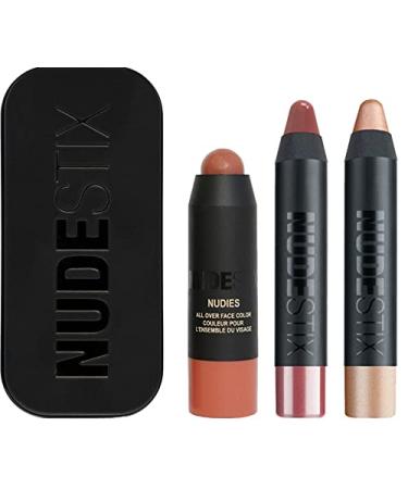 Nudestix Sunkissed Nudes Mini Kit Set with All Over Face Bronze Color in Sunkissed  Magnetic Luminous Eye Color in Nudity  and Gel Color Lip + Cheek Balm in Posh with Tin