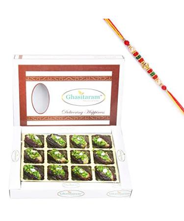Ghasitaram Gifts Rakhi Gifts for Brothers Rakhi Sweets - Dryfruit Filled Dates in White Box with Beads Rakhi
