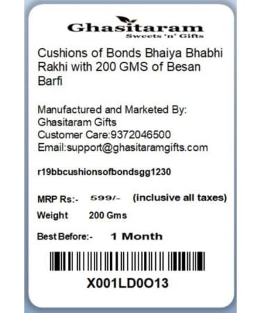 Ghasitaram Gifts Rakhis Online - Rakhi for Brother- Cushions of Bonds Bhaiya Bhabhi Rakhi with 200 GMS of Besan Barfi Rakhi Set with 200 gms of Besan Barfi - Buy Online on GoSupps.com