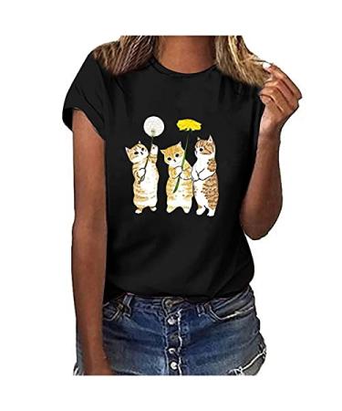 Cute Tops for Women - Summer Women's Short Sleeve Loose Fit T-Shirts Cat Animal Graphic Print T Shirts Basic Tees XX-Large Black-4