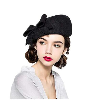 F FADVES 100% Wool Beanie Hat French Dress Beret Winter Hat Vintage Fascinator Hats Black