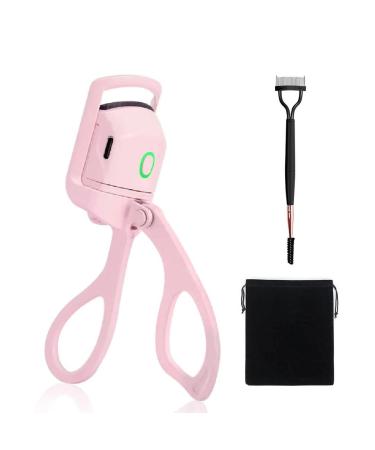 Heated Eyelash Curler with Eyelash Brush and Velvet Carry Bag Eyelash Curler with Comb Heated Eyelash Curler Heated Lash Curler Electric Eyelash Curler (White) (Pink)