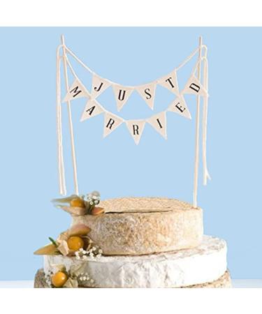 SCHOLMART Just Married Cake Topper Rustic Wedding Cake Topper Cheese Cake Topper Wedding Just Married Bunting Cake Topper Handmade Pennant Flags with Wood Pole Cake Topper preassembled