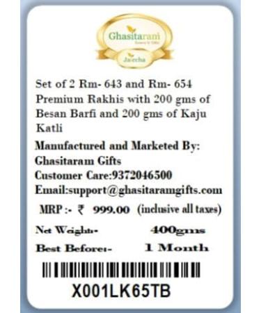 Ghasitaram Gifts Rakhi for Brother Rakhis Online - Set of 2 Rm- 643 and Rm- 654 Premium Rakhis with 200 GMS of Besan Barfi and 200 GMS of Kaju Katli - Buy Online on GoSupps.com