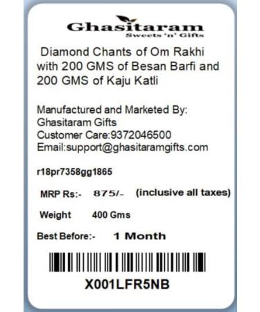 Ghasitaram Gifts Rakhi for Brother Rakhis Online - Diamond Chants of Om Rakhi with 200 GMS of Besan Barfi and 200 GMS of Kaju Katli Rakhi with 200 gms of Besan Barfi & Kaju Katli - Buy Online on GoSupps.com