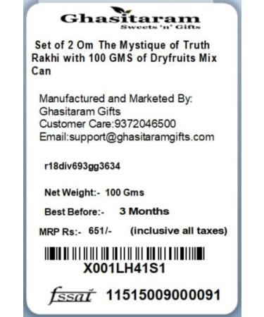 Ghasitaram Gifts Rakhi for Brother Rakhis Online - Set of 2 Om The Mystique of Truth Rakhi with 100 GMS of Dryfruits Mix Can 2 Rakhi with 100 gms of Dryfruits Mix Can - Buy Online on GoSupps.com