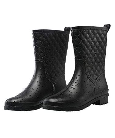 Petrass Women Rain Boots Black Waterproof Mid Calf Lightweight Cute Booties Fashion Out Work Comfortable Garden Shoes 8 Black