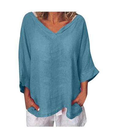 FAVIPT 3/4 Sleeve Linen Tops for Women 2023 Boho V Neck Blouse Casual Shirts Plus Size Flowy Tunic Tops to Wear with Leggings Large Blue