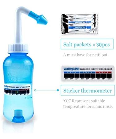 Neti Pot Sinus Rinse Bottle with Sticker Thermometer | BPA Free | 300ml | 30 Nasal Wash Salt Packets | Allergy Relief for Adults & Kids - Buy Online on GoSupps.com