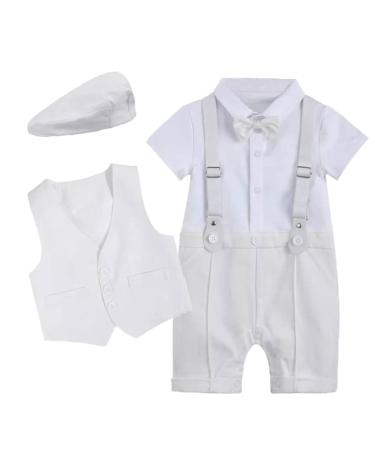 Baby Boy Gentlemen Romper Suits Infant Baby Boys' Christening Gowns Clothing Baptism Jumpsuit Bow Tie Waistcoat with Hat Birthday Wedding Outfits White 0-3 Months