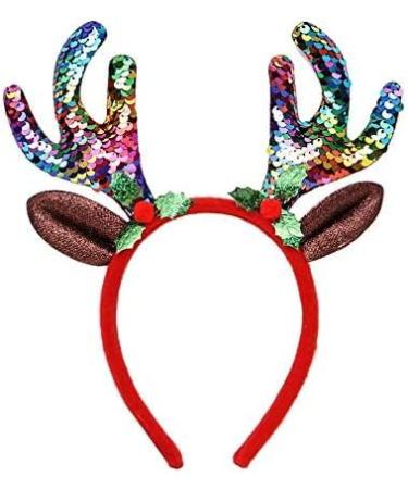 Caprilite Girls Adults Sequin Headband Reindeer Antlers Christmas Deer Ears Headbopper (Rainbow)
