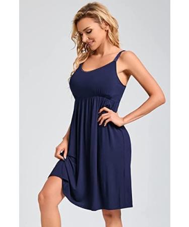 Sosolism Women's Dark Blue Nursing Nightdress - Padded Lace Trim Maternity Dress - Buy Online on GoSupps.com