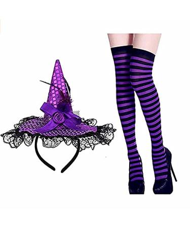 1 Pcs Halloween Witch Hat Headband +1 Pairs Long Striped Socks Knee High Stocking for Halloween Party Favors Supplies Cosplay Costume(Purple)