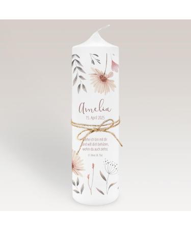 Christening candle girl flowers modern personalized with name & baptismal saying design online yourself incl. jute ribbon decoration