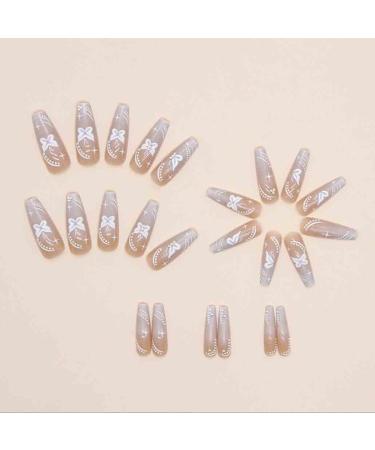 Foccna Pearl Flower Long White Press on Nails - 24PCS Full Cover Coffin Butterfly False Nails for Women and Girls - Buy Online on GoSupps.com